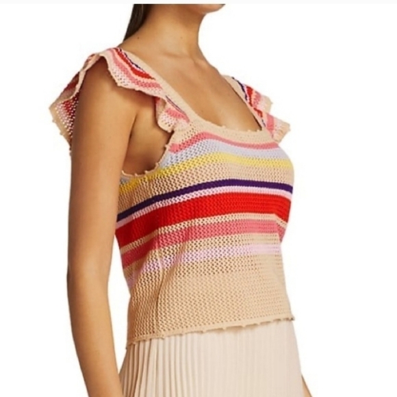 Rails Naomi Ruffle Knit Crochet Tank Top Rainbow Tan Multi Stripe - Picture 2 of 12